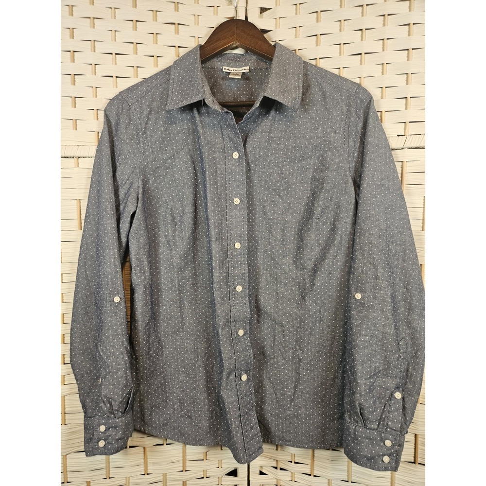 Dahlia Womens Button Up Polka Dot Shirt Sz L Work Career Teacher Academia